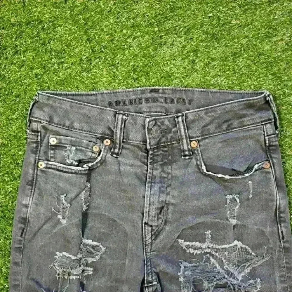 American Eagle Jeans Mens 28X28 Black Distressed Skinny Airflex+ Stretch 4445 - Picture 4 of 11